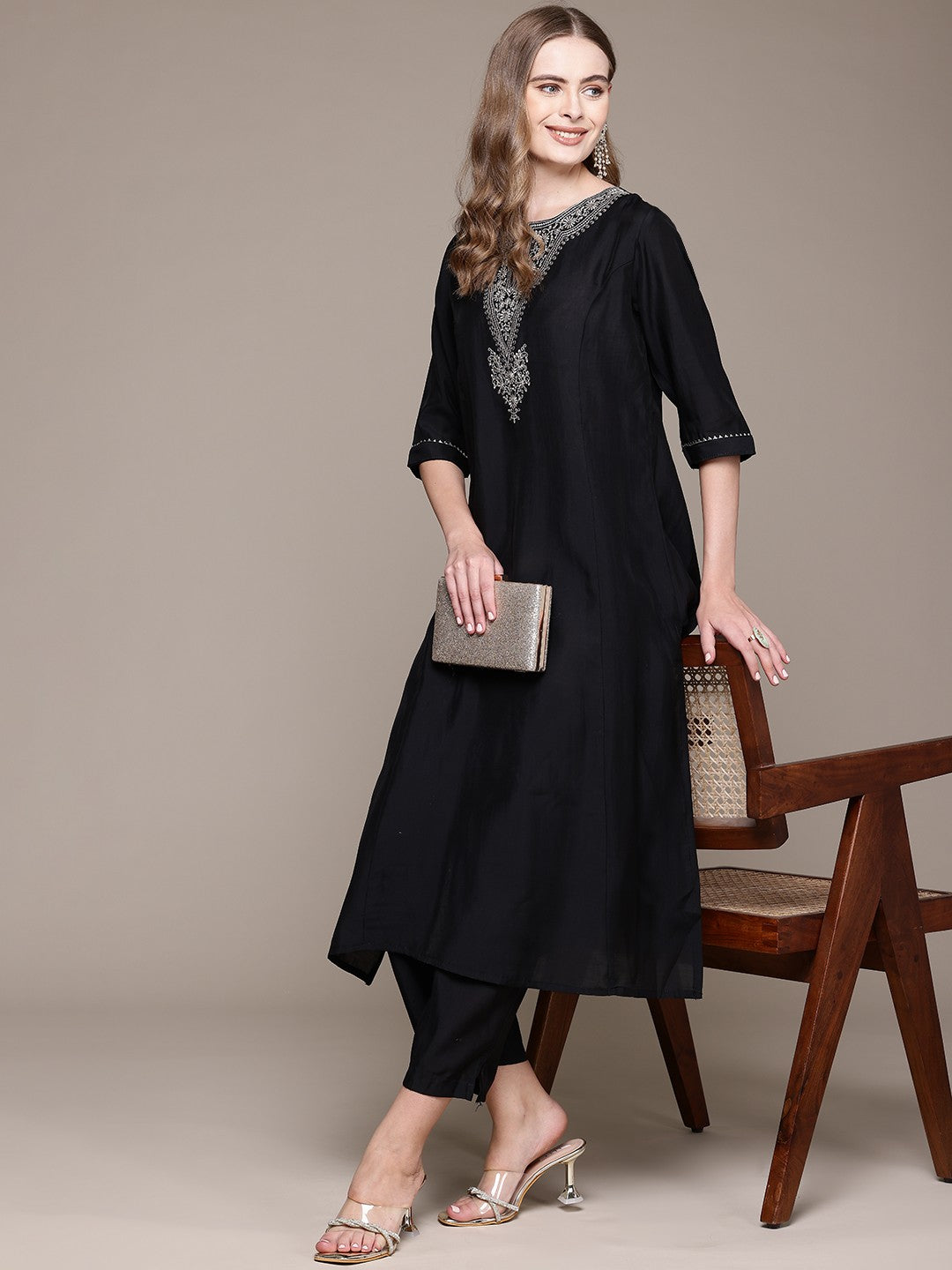 Straight Style Silk Fabric Black Color Kurta With Bottom - Image 2