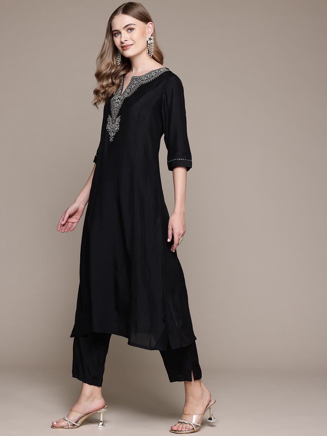 Straight Style Silk Fabric Black Color Kurta With Bottom - Image 3