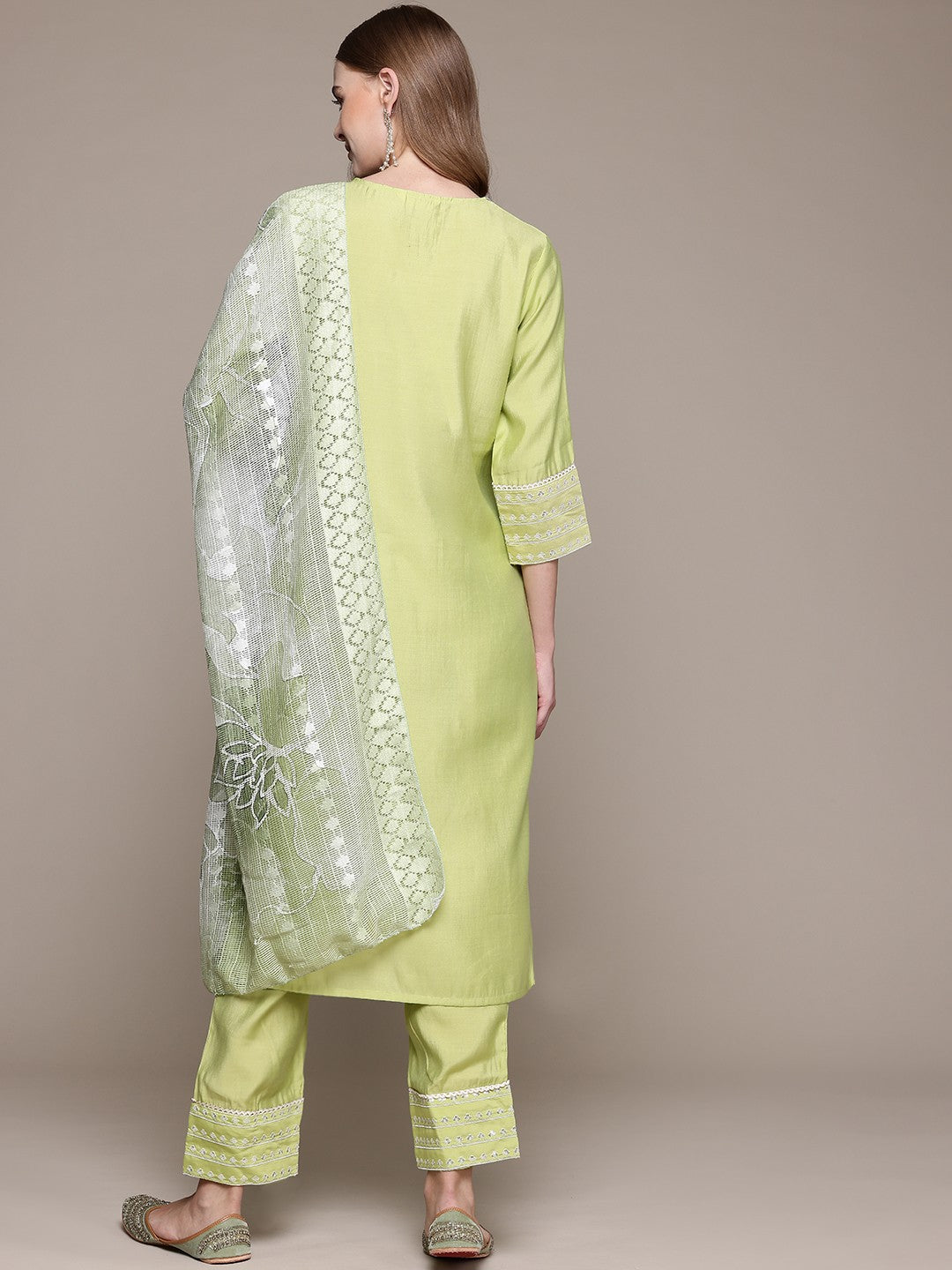 Straight Style Silk Fabric Green Color Kurta With Bottom And Dupatta - Image 4