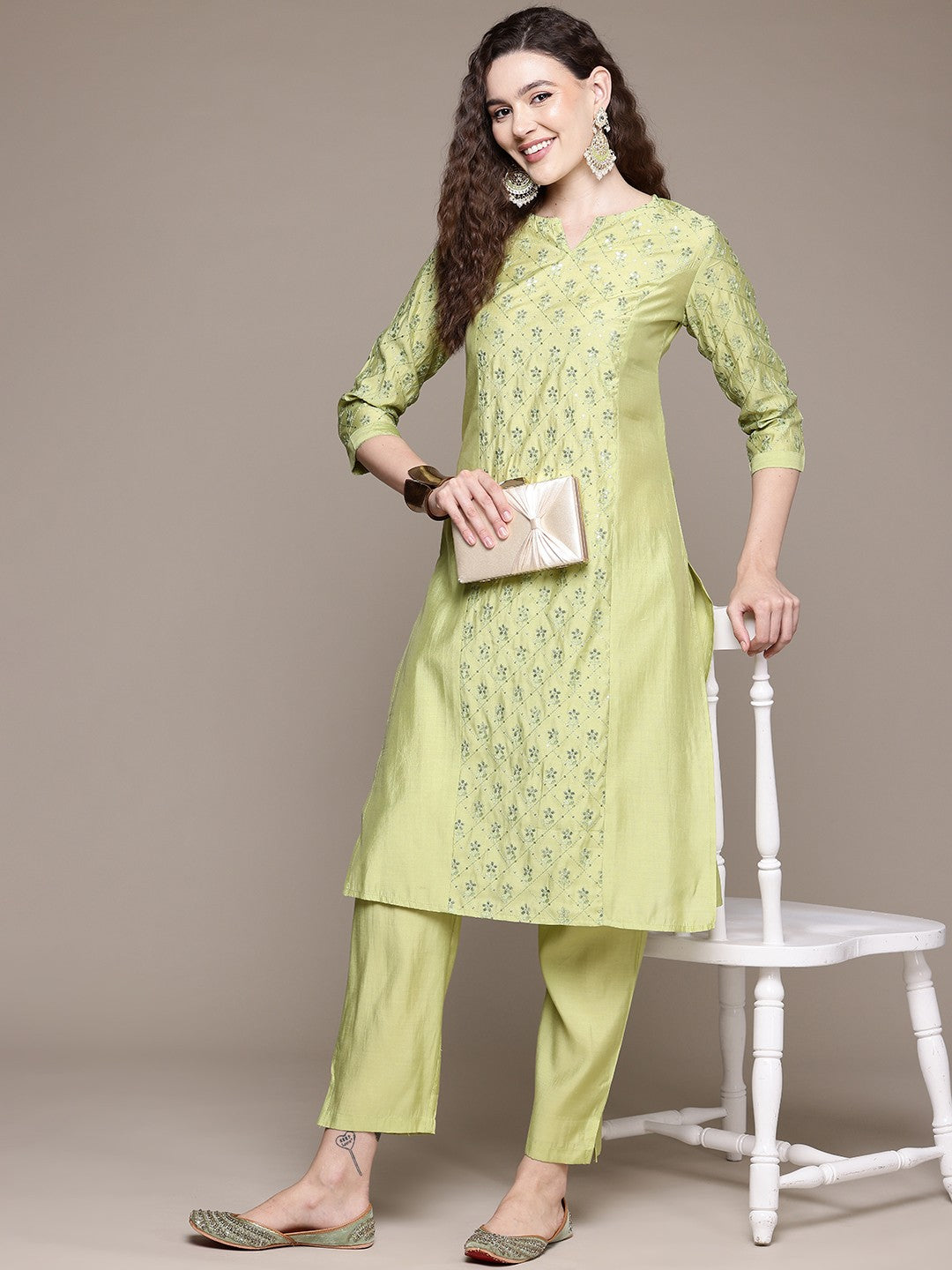 Straight Style Silk Fabric Green Color Kurta With Bottom - Image 2