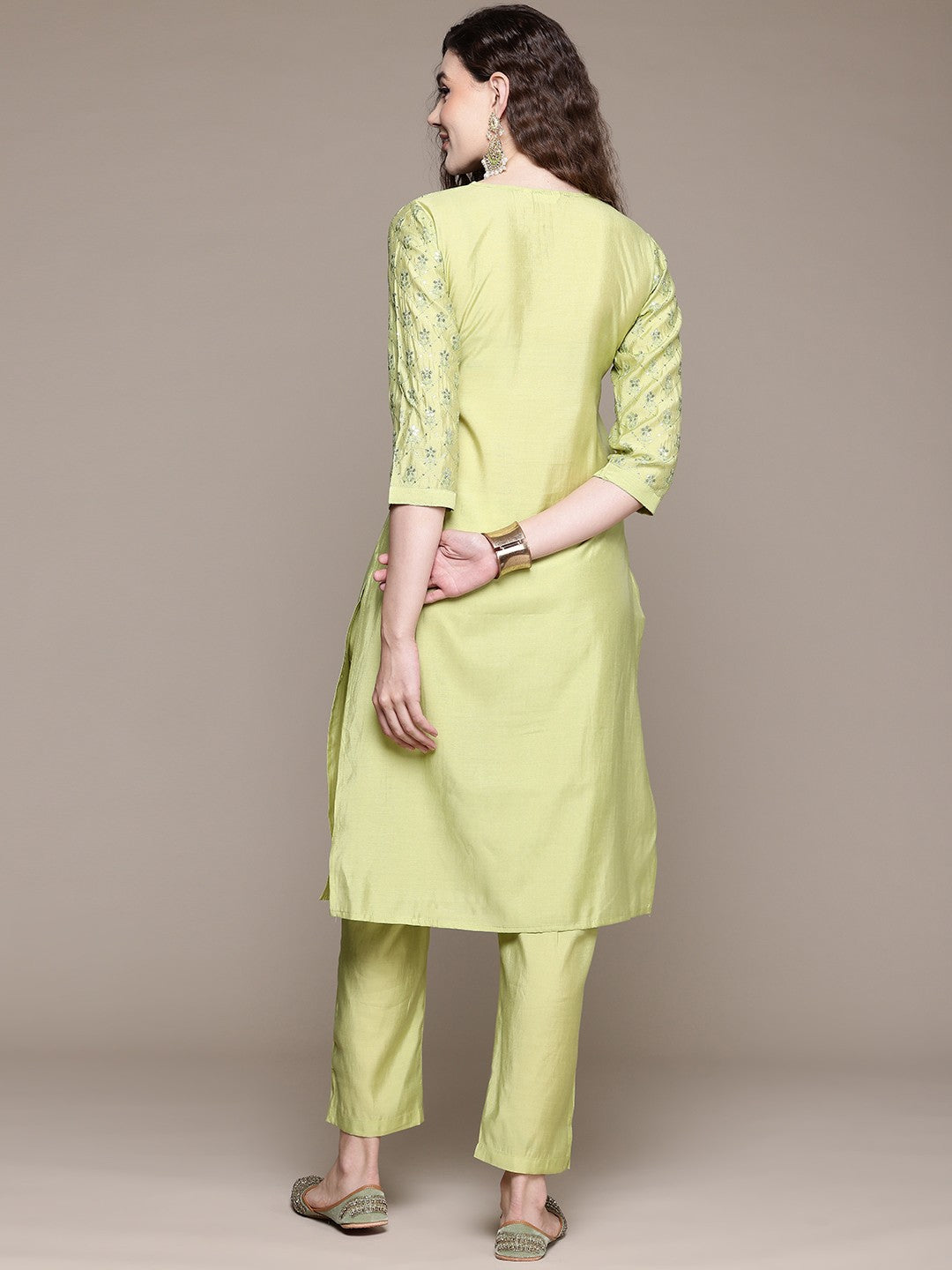 Straight Style Silk Fabric Green Color Kurta With Bottom - Image 4