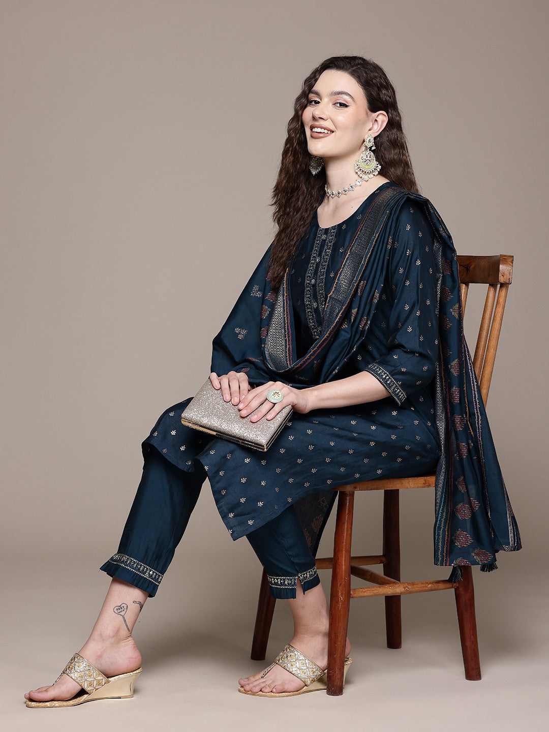 Straight Style Silk Fabric Navy Blue Color Kurta With Bottom And Dupatta - Image 3