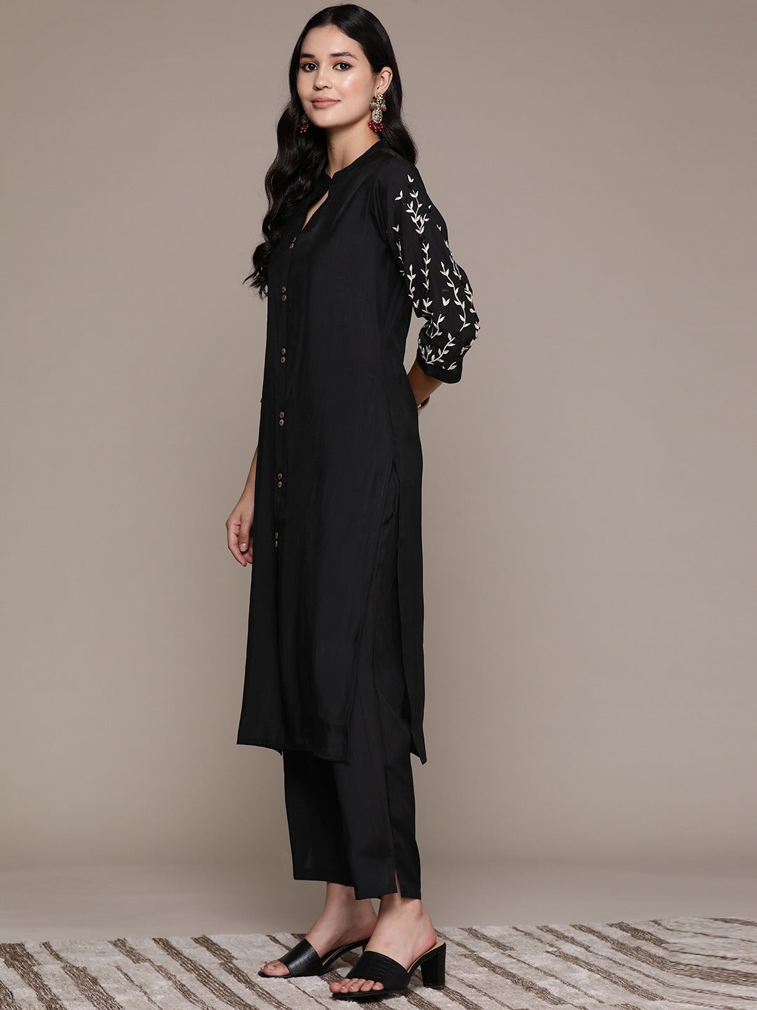 Straight Style Silk Fabric Black Color Kurta And Bottom - Image 2