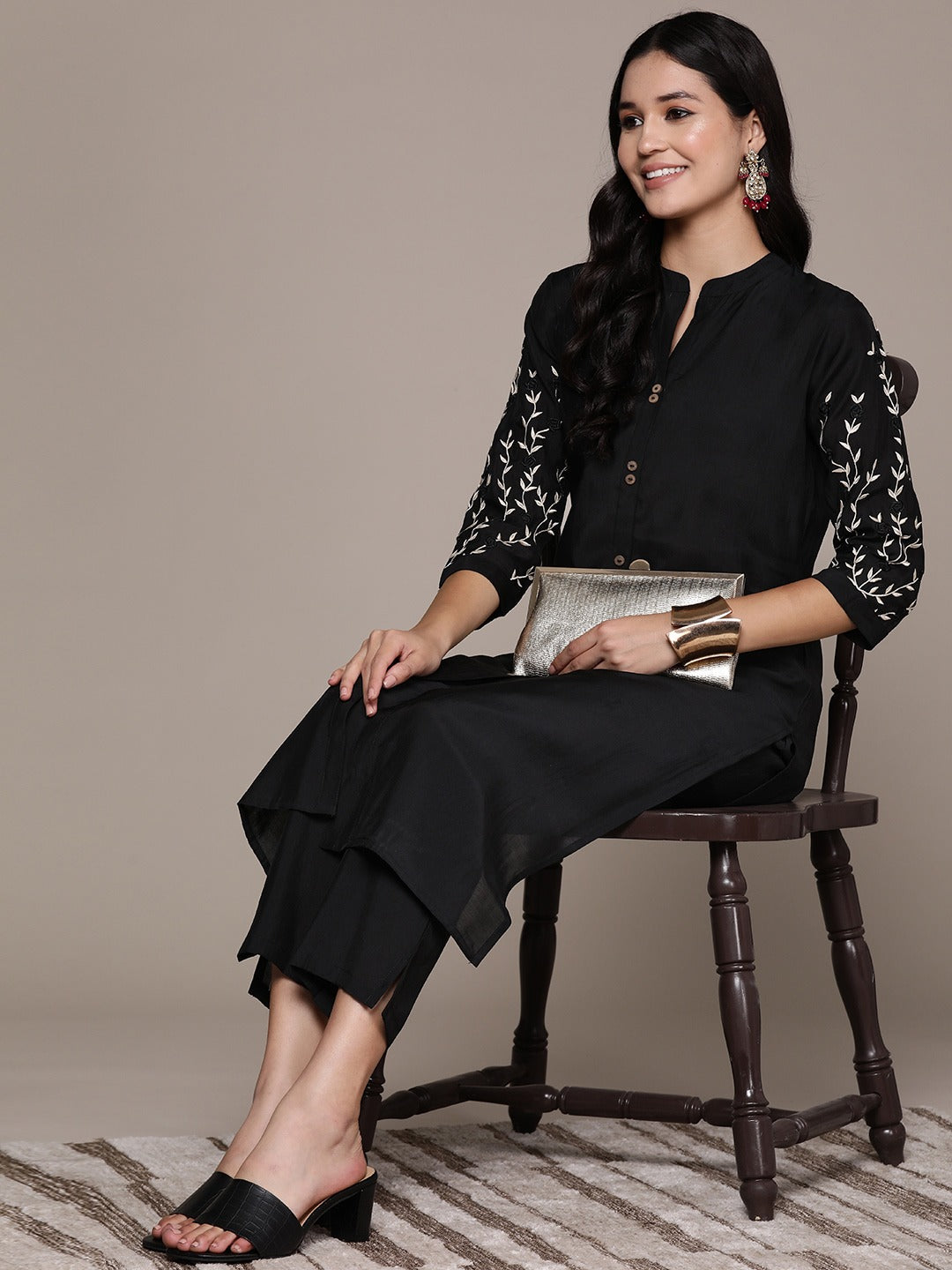 Straight Style Silk Fabric Black Color Kurta And Bottom - Image 3
