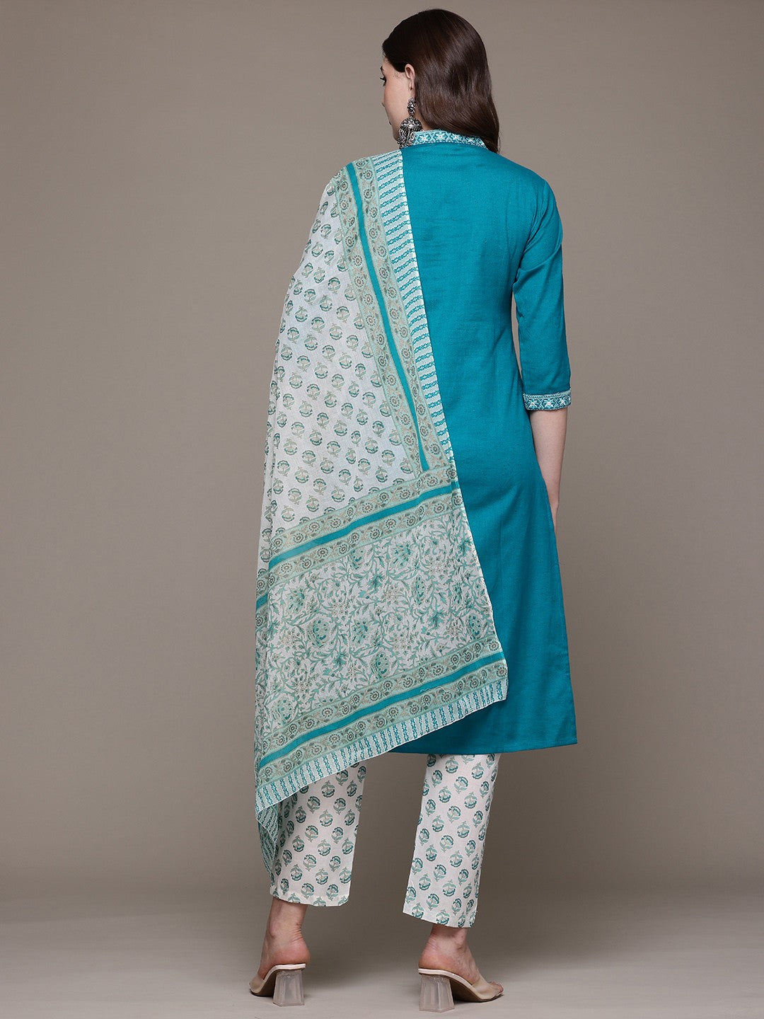 Straight style Cotton fabric Teal color kurta with Bottom and Dupatta - Image 4