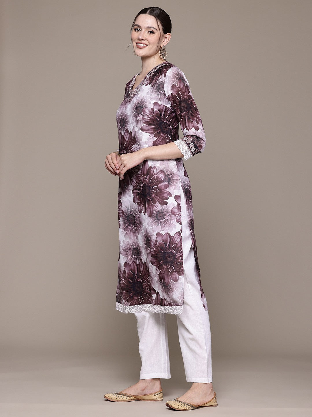 Straight style Linen fabric Violet color kurta with Bottom and Dupatta - Image 3