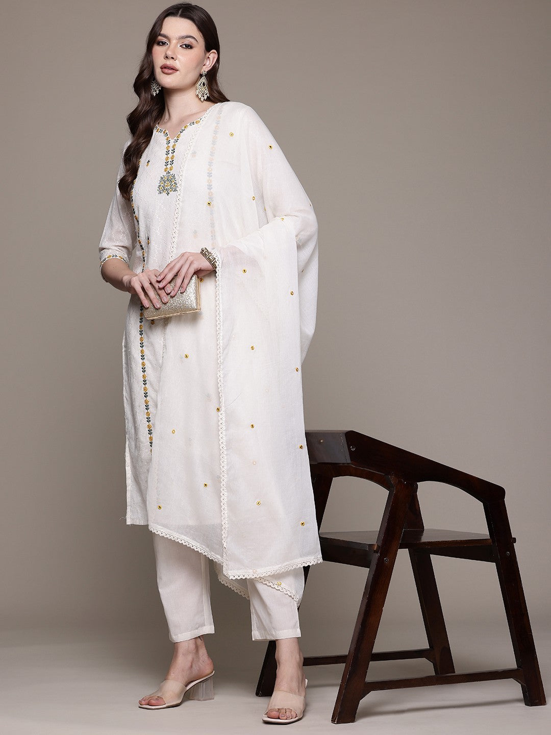 Straight style Cotton fabric Off White color kurta with Bottom and Dupatta - Image 2