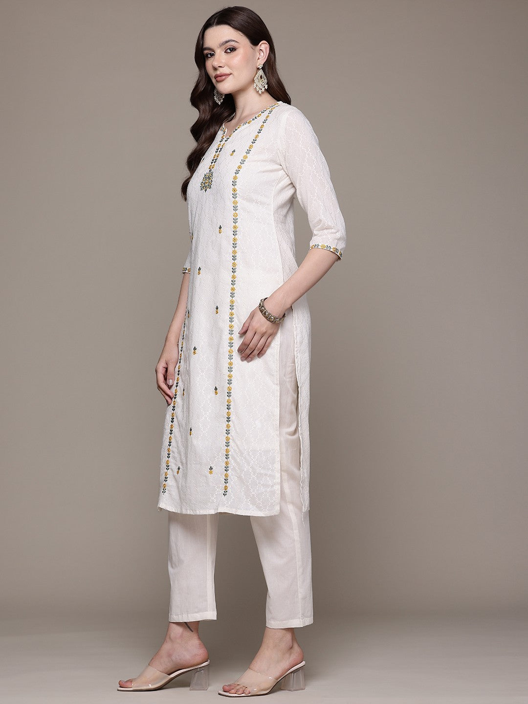 Straight style Cotton fabric Off White color kurta with Bottom and Dupatta - Image 3