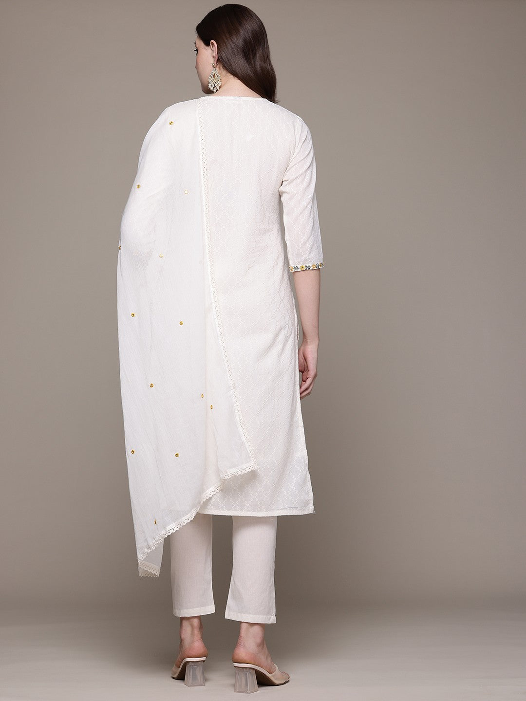 Straight style Cotton fabric Off White color kurta with Bottom and Dupatta - Image 4