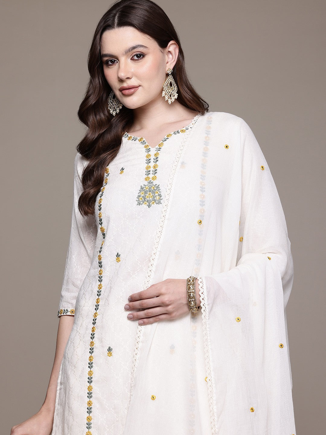Straight style Cotton fabric Off White color kurta with Bottom and Dupatta - Image 5