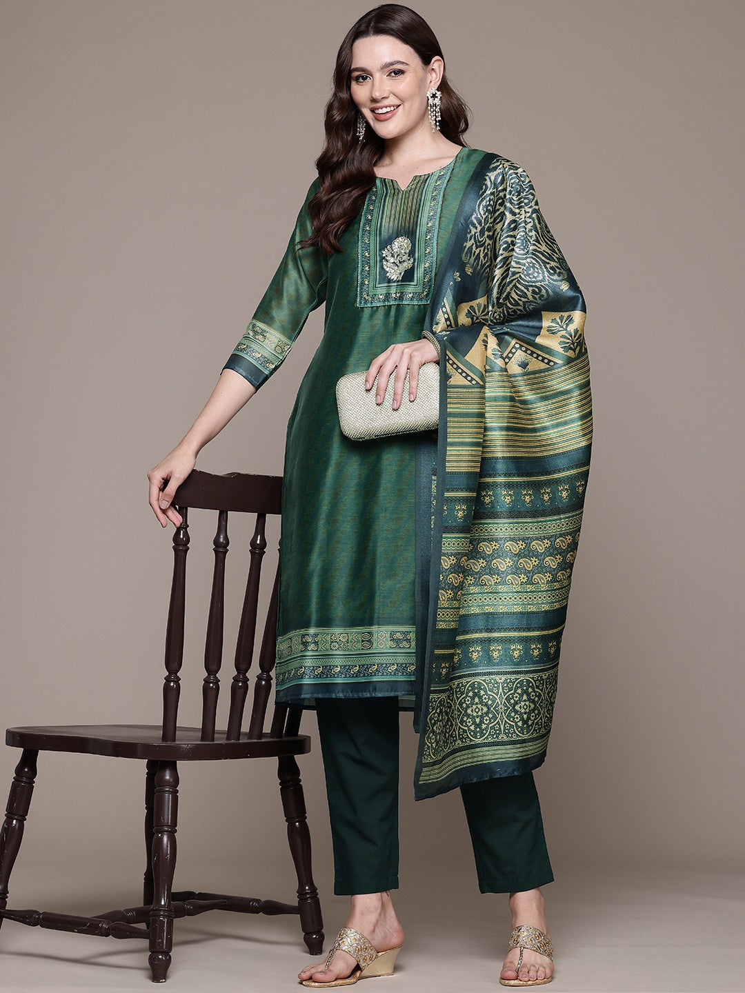 Straight style Silk fabric Green color kurta with Bottom and Dupatta - Image 2