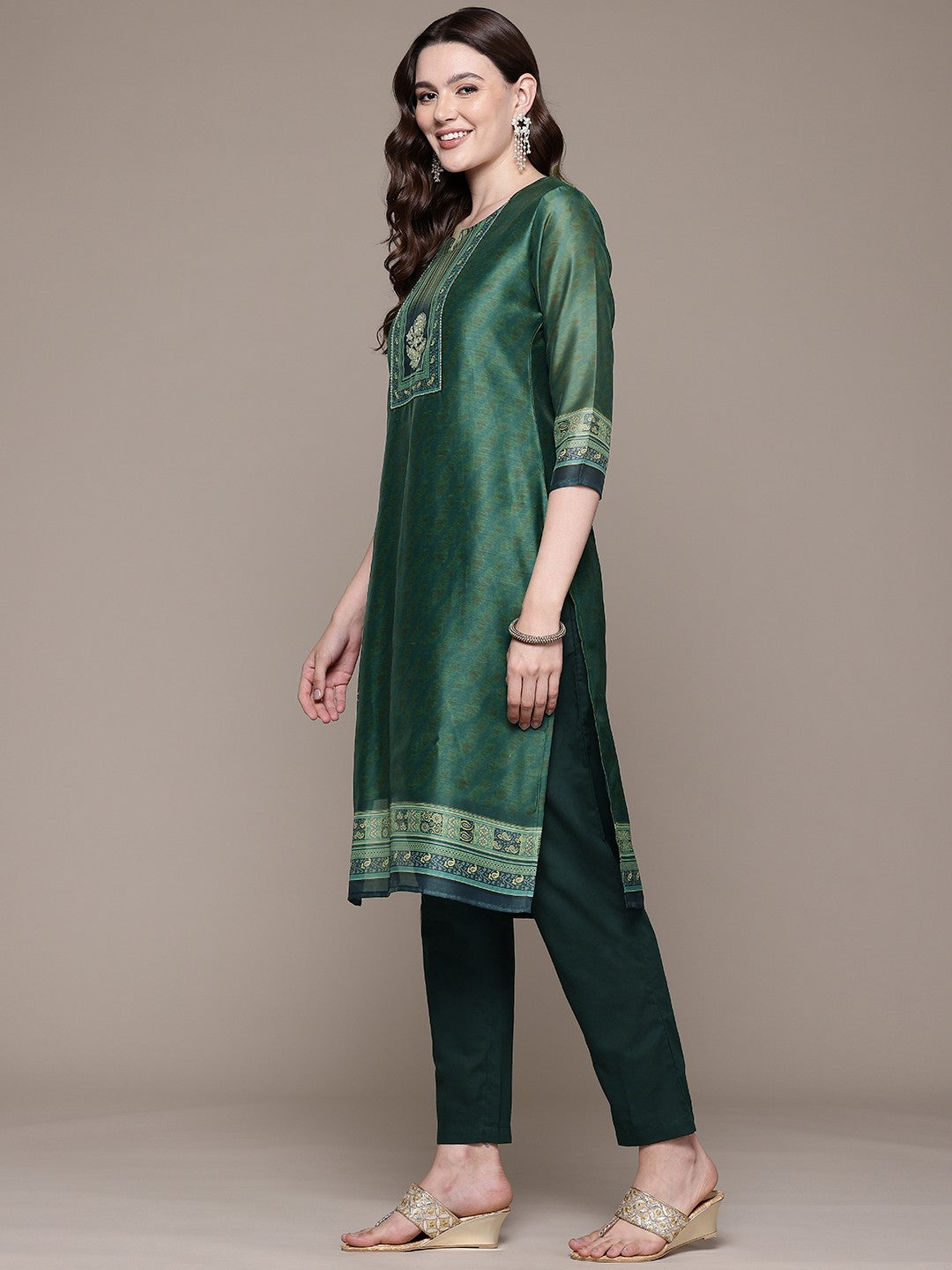 Straight style Silk fabric Green color kurta with Bottom and Dupatta - Image 3