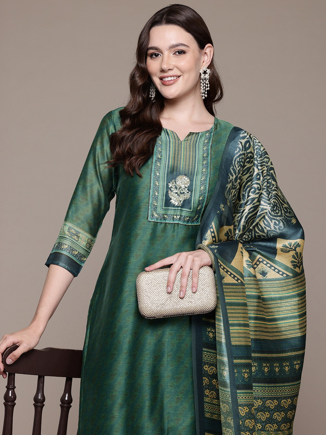 Straight style Silk fabric Green color kurta with Bottom and Dupatta - Image 5