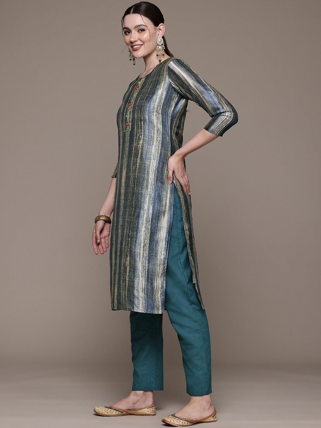 Straight style Silk fabric Teal color kurta with Bottom and Dupatta - Image 2