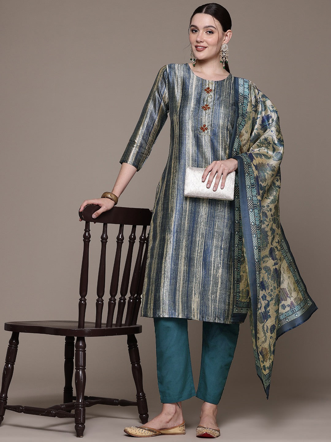 Straight style Silk fabric Teal color kurta with Bottom and Dupatta - Image 3