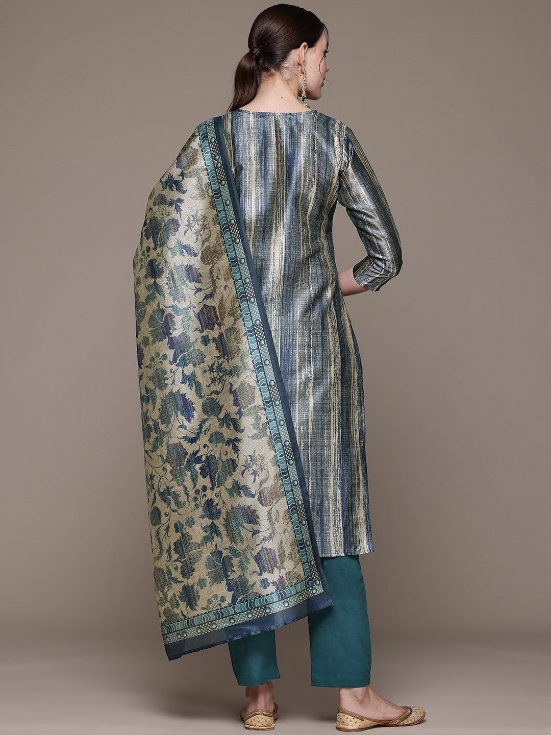 Straight style Silk fabric Teal color kurta with Bottom and Dupatta - Image 4