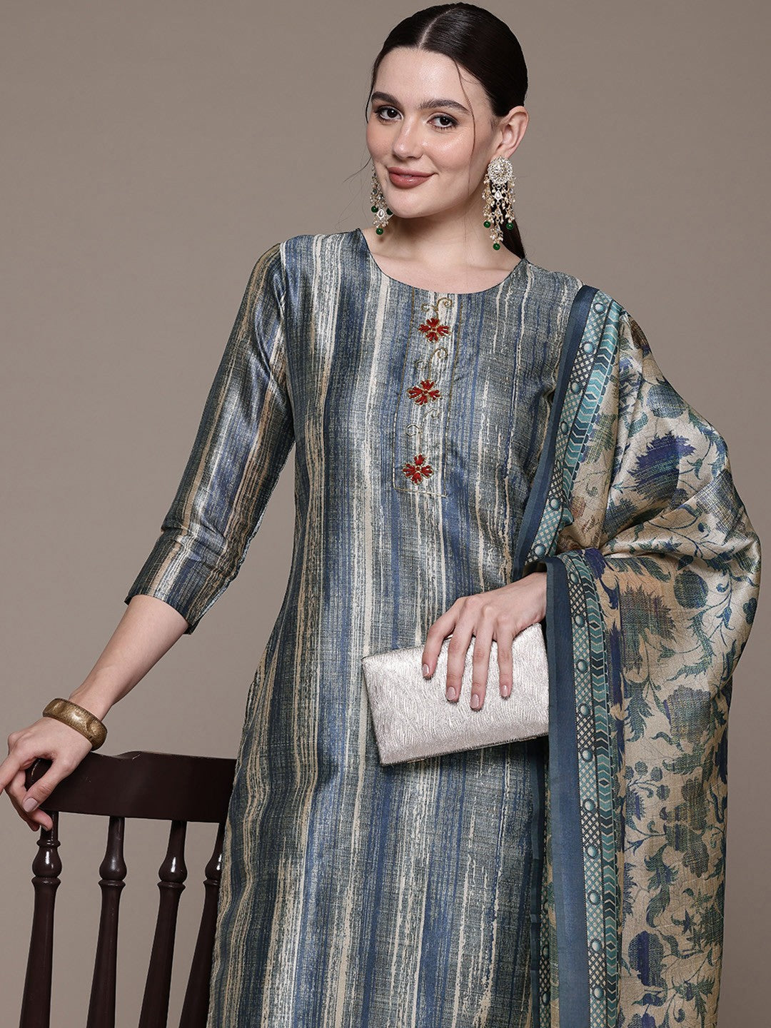 Straight style Silk fabric Teal color kurta with Bottom and Dupatta - Image 5