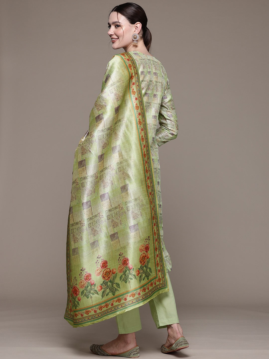 Straight style Silk fabric Green color kurta with Bottom and Dupatta - Image 4