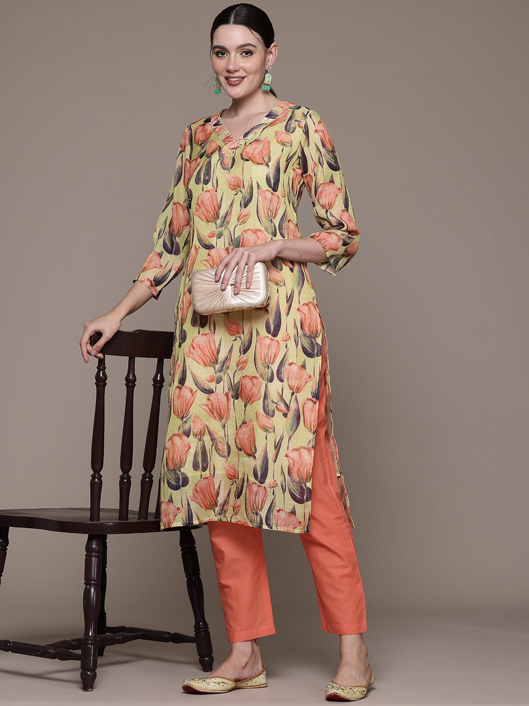 Straight style Linen fabric Green color kurta with Bottom - Image 2