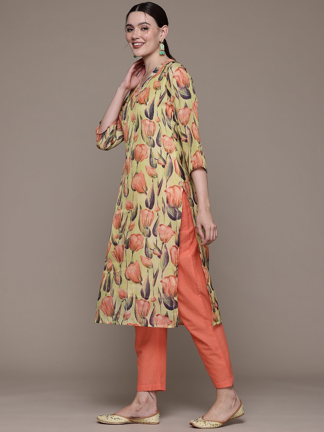 Straight style Linen fabric Green color kurta with Bottom - Image 3