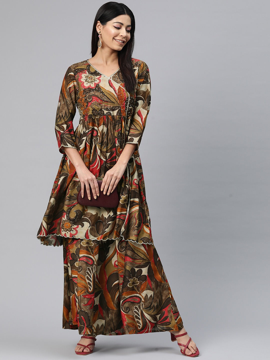 Anarkali Style Silk Fabric Brown Color Printed Kurti With Palazzo - Image 2