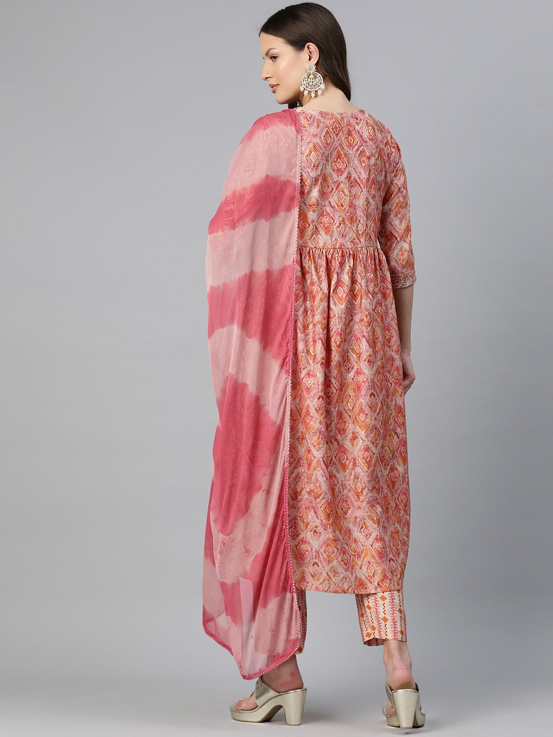 A-Line Style Chanderi Silk Fabric Pink Color Embroidered & Printed Kurti With Palazzo And Dupatta - Image 4