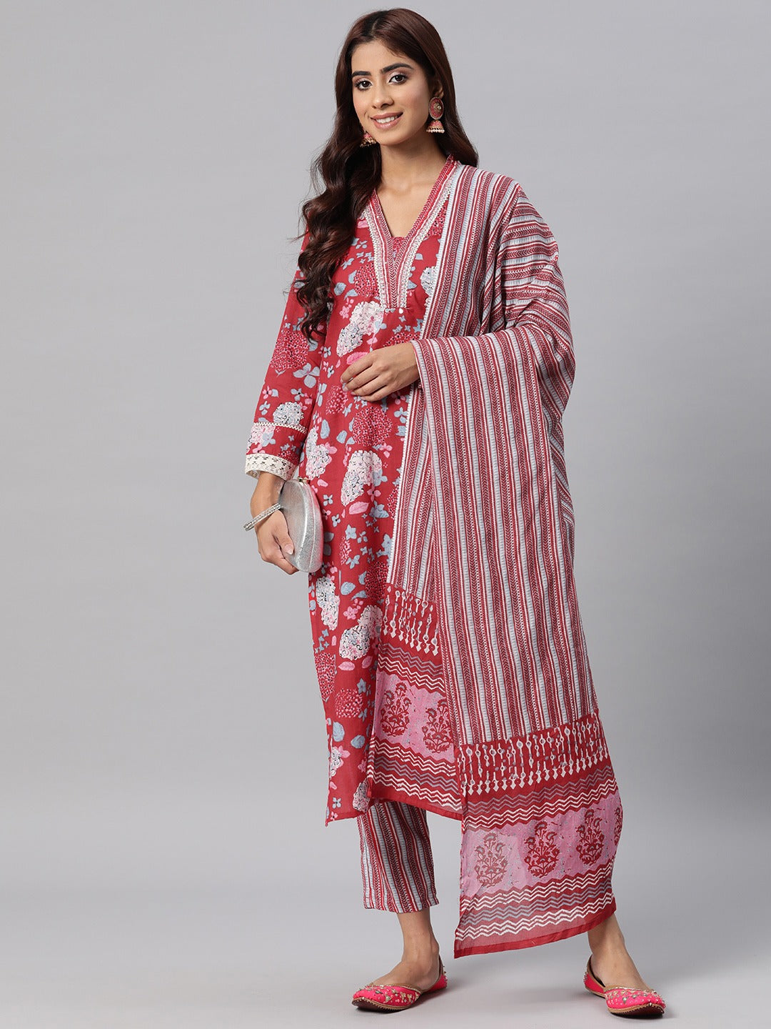Cotton Printed Straight Kurta Pant Dupatta Set (Red) - Image 2