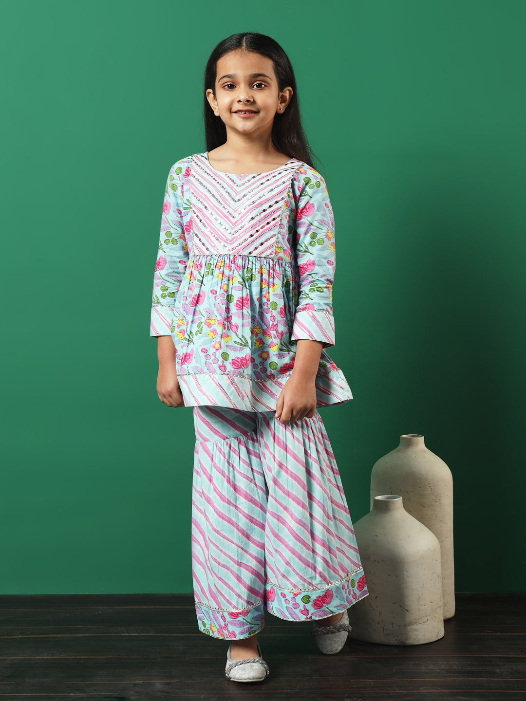 Frock Style Cotton Fabric Turquoise Blue Color Printed Kurti And Sharara With Gotta Lace Work - Image 2