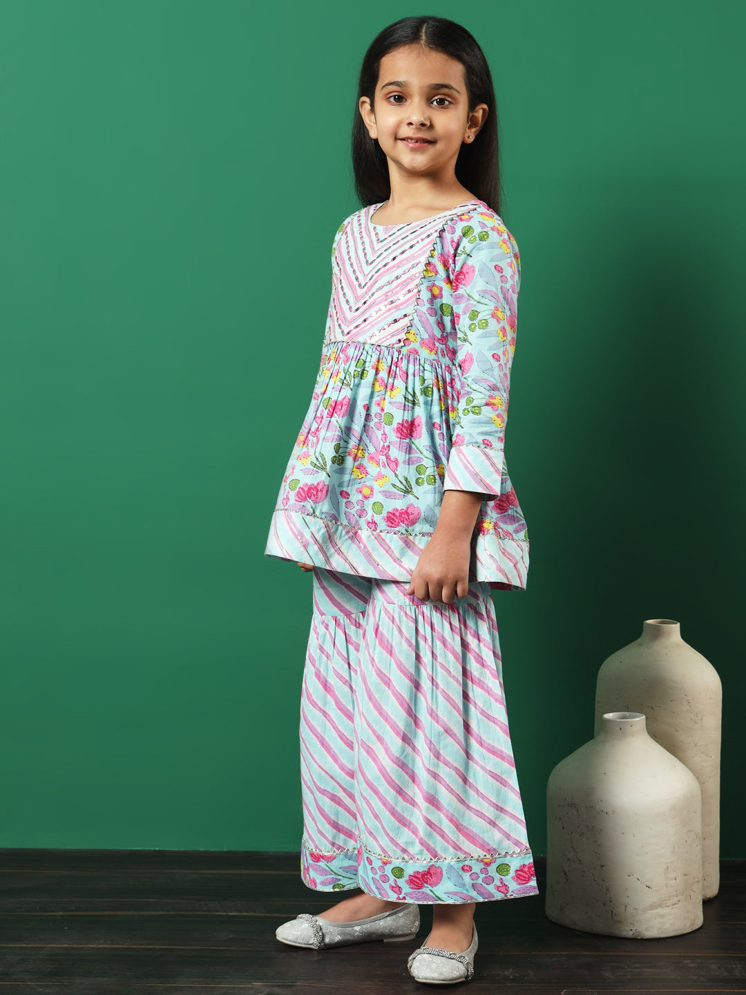 Frock Style Cotton Fabric Turquoise Blue Color Printed Kurti And Sharara With Gotta Lace Work - Image 3