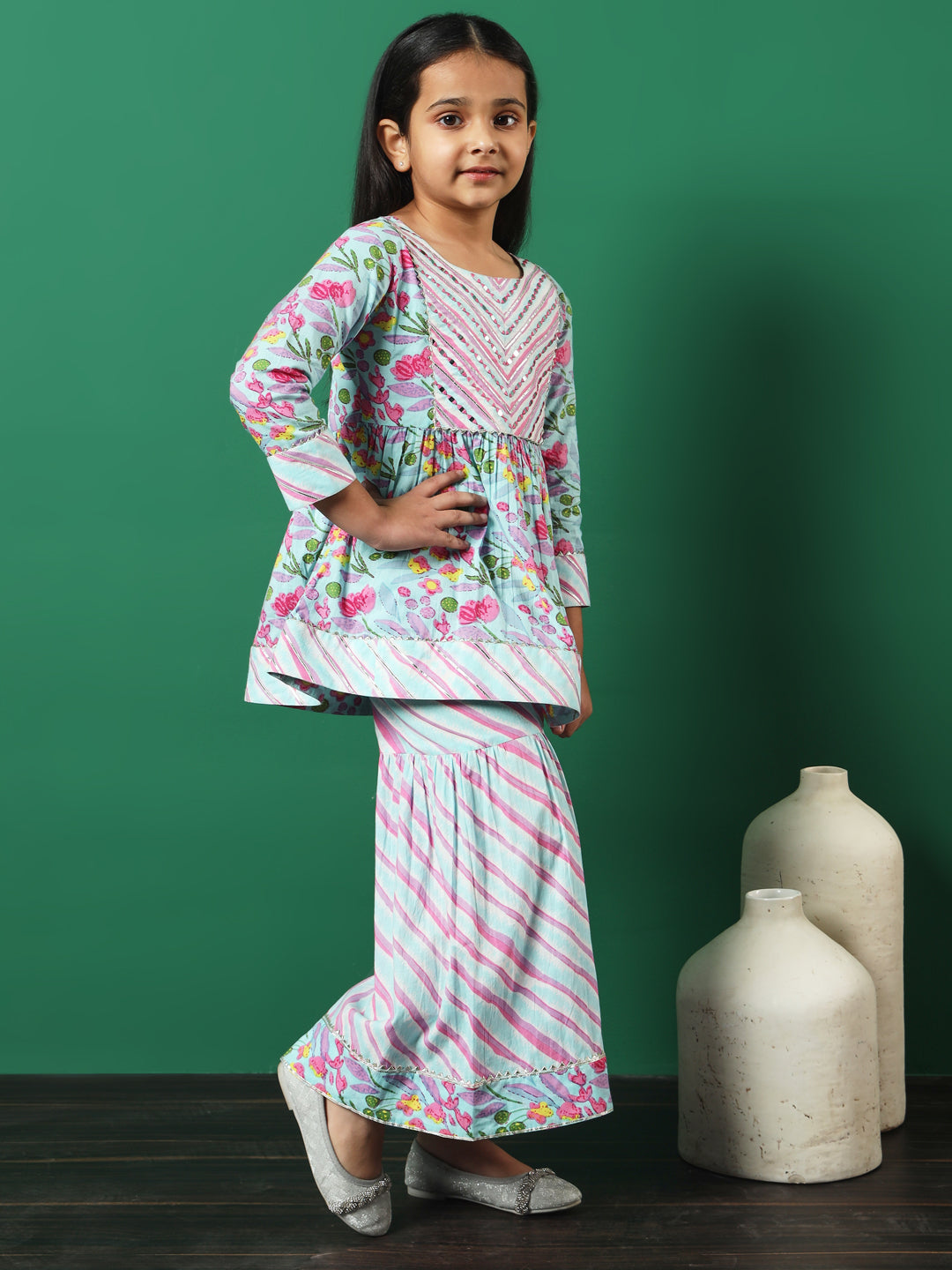 Frock Style Cotton Fabric Turquoise Blue Color Printed Kurti And Sharara With Gotta Lace Work - Image 4