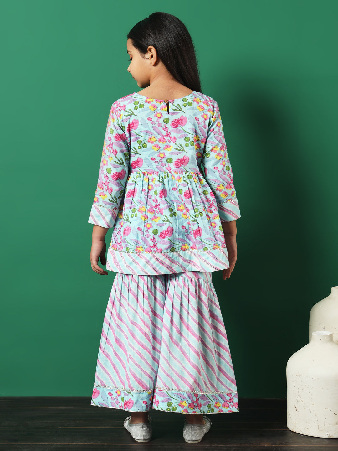 Frock Style Cotton Fabric Turquoise Blue Color Printed Kurti And Sharara With Gotta Lace Work - Image 5