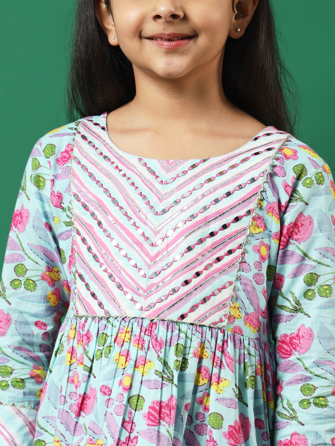 Frock Style Cotton Fabric Turquoise Blue Color Printed Kurti And Sharara With Gotta Lace Work - Image 6