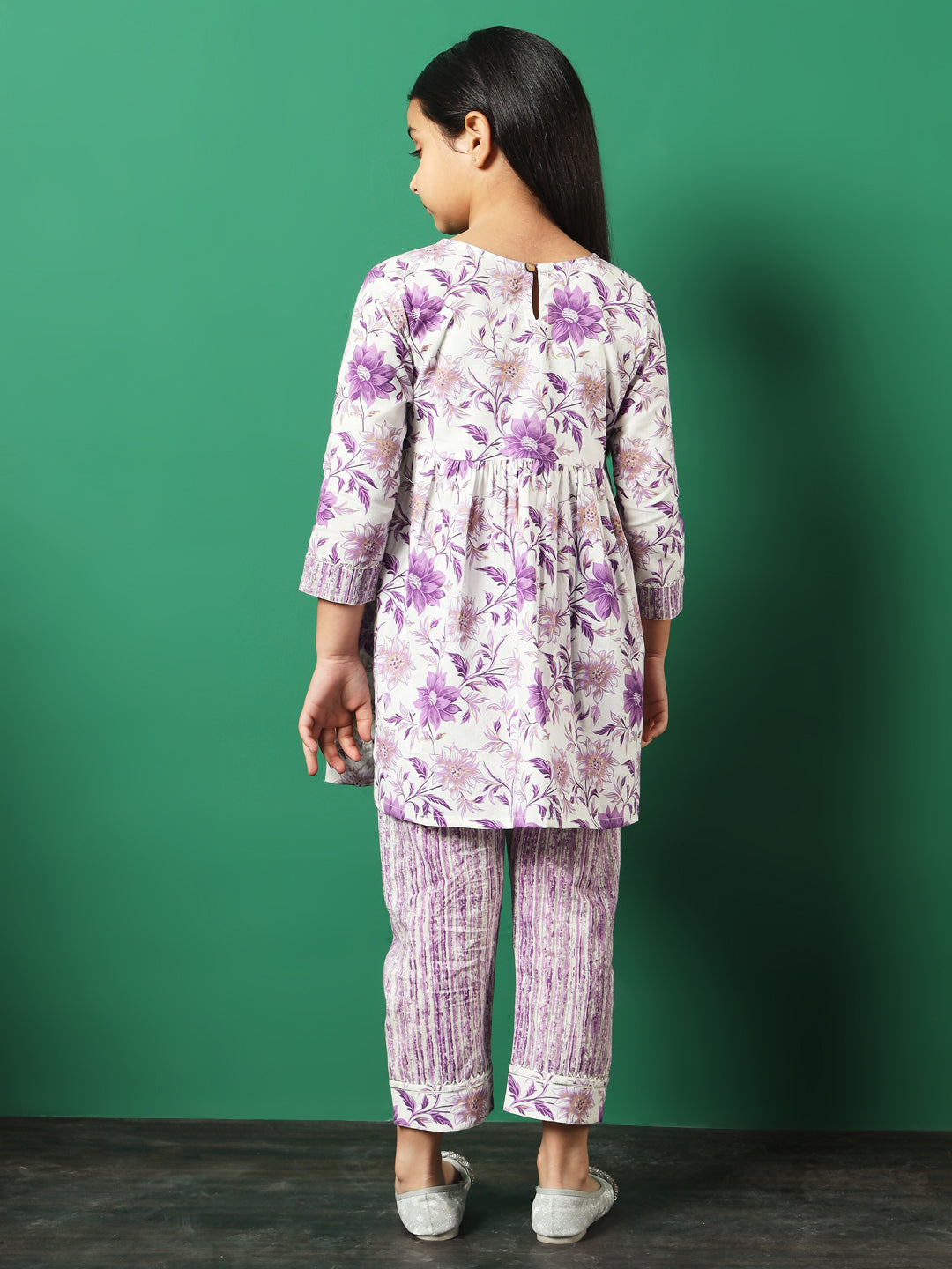 Frock Style Cotton Fabric Purple Color Floral Printed Kurti And Palazzo With Gotta Lace Work - Image 5