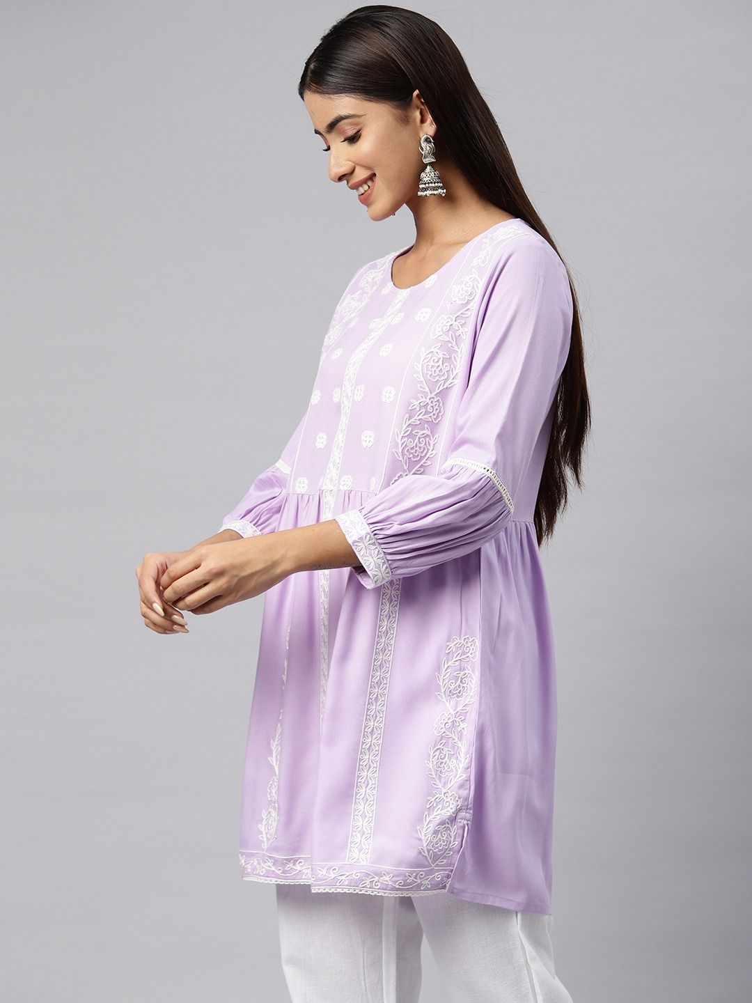 Frock Style Rayon Fabric Lavender Color Kurti - Image 3