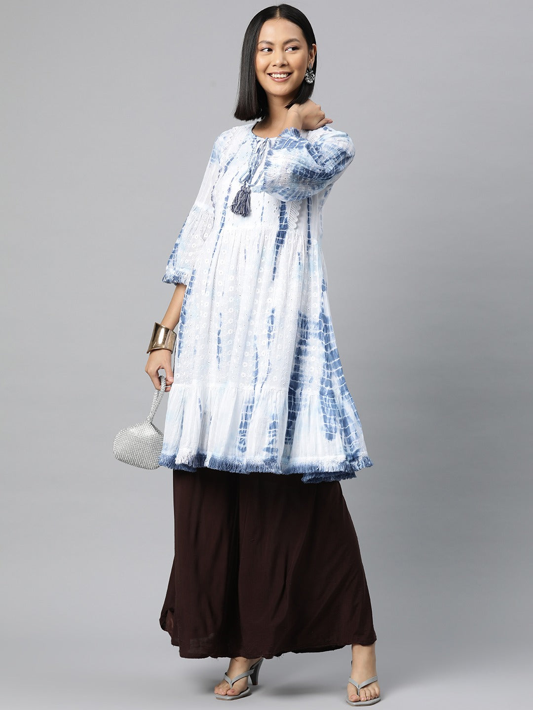 Tiered Style Cotton Fabric Blue Color Kurti - Image 2