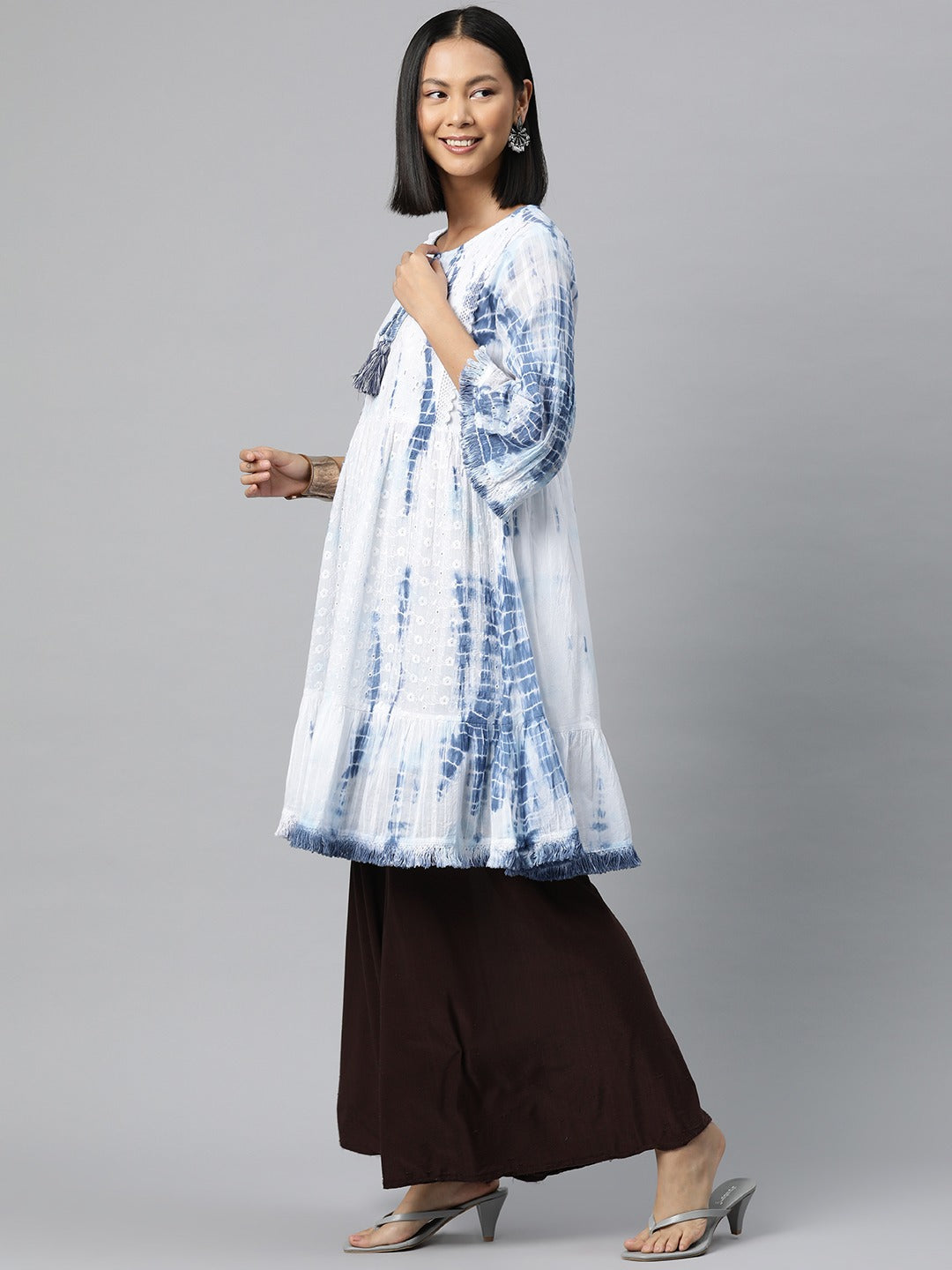 Tiered Style Cotton Fabric Blue Color Kurti - Image 3