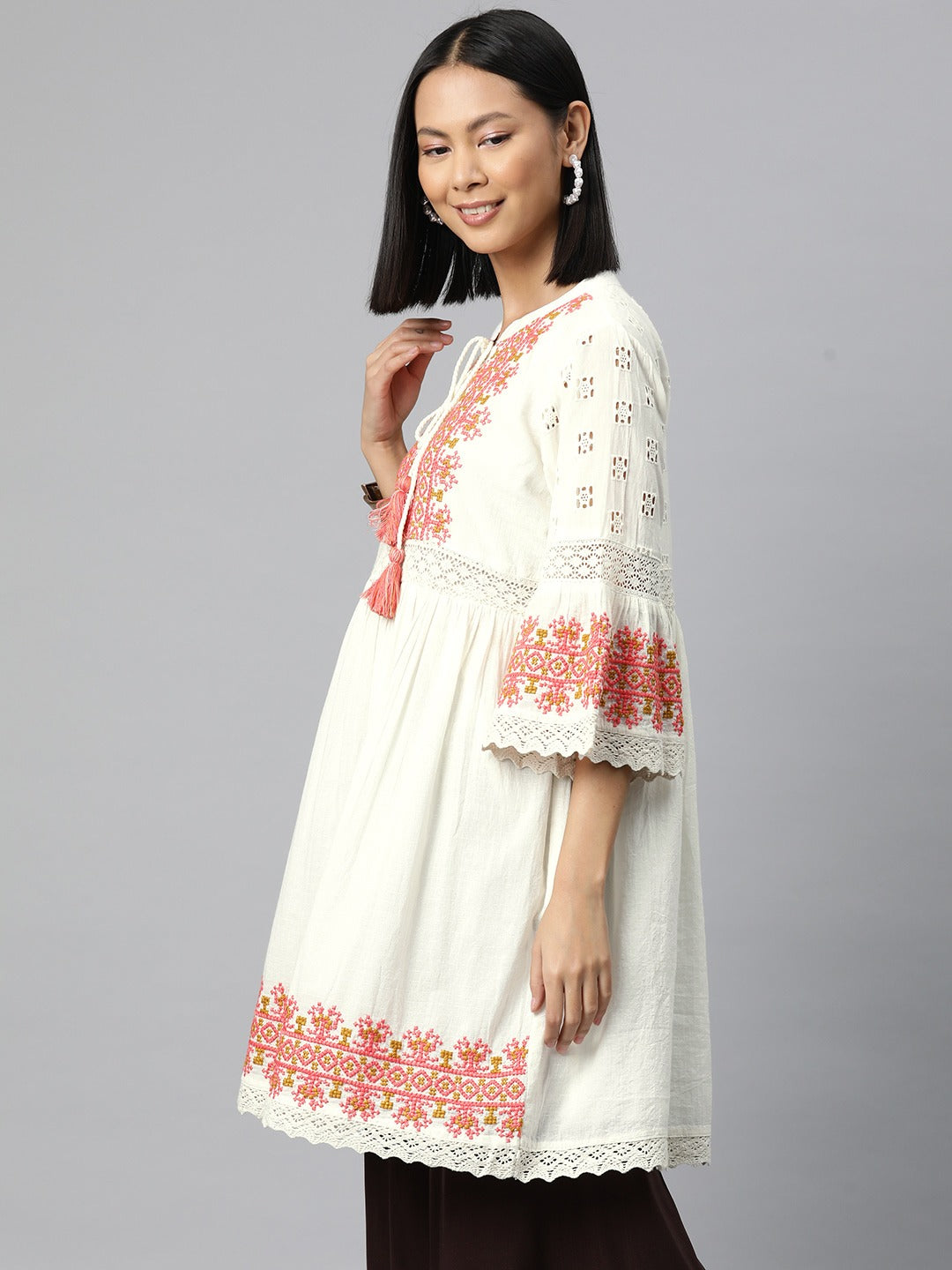 Frock Style Cotton Fabric White Color Kurti - Image 2