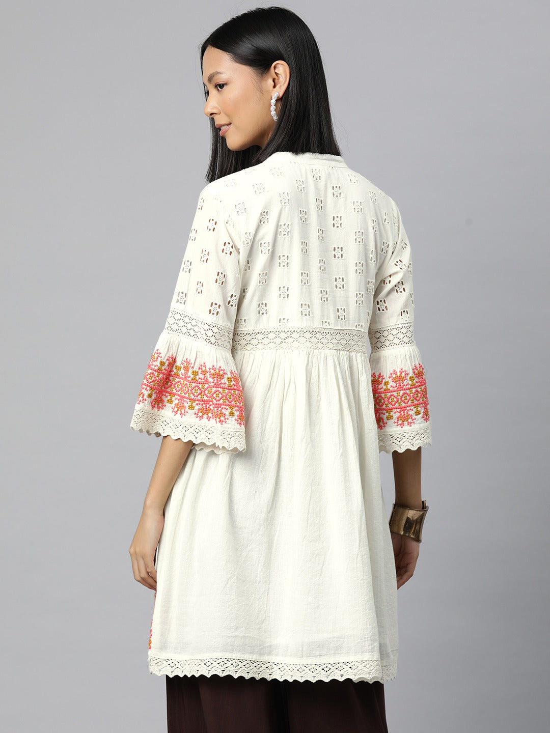 Frock Style Cotton Fabric White Color Kurti - Image 3