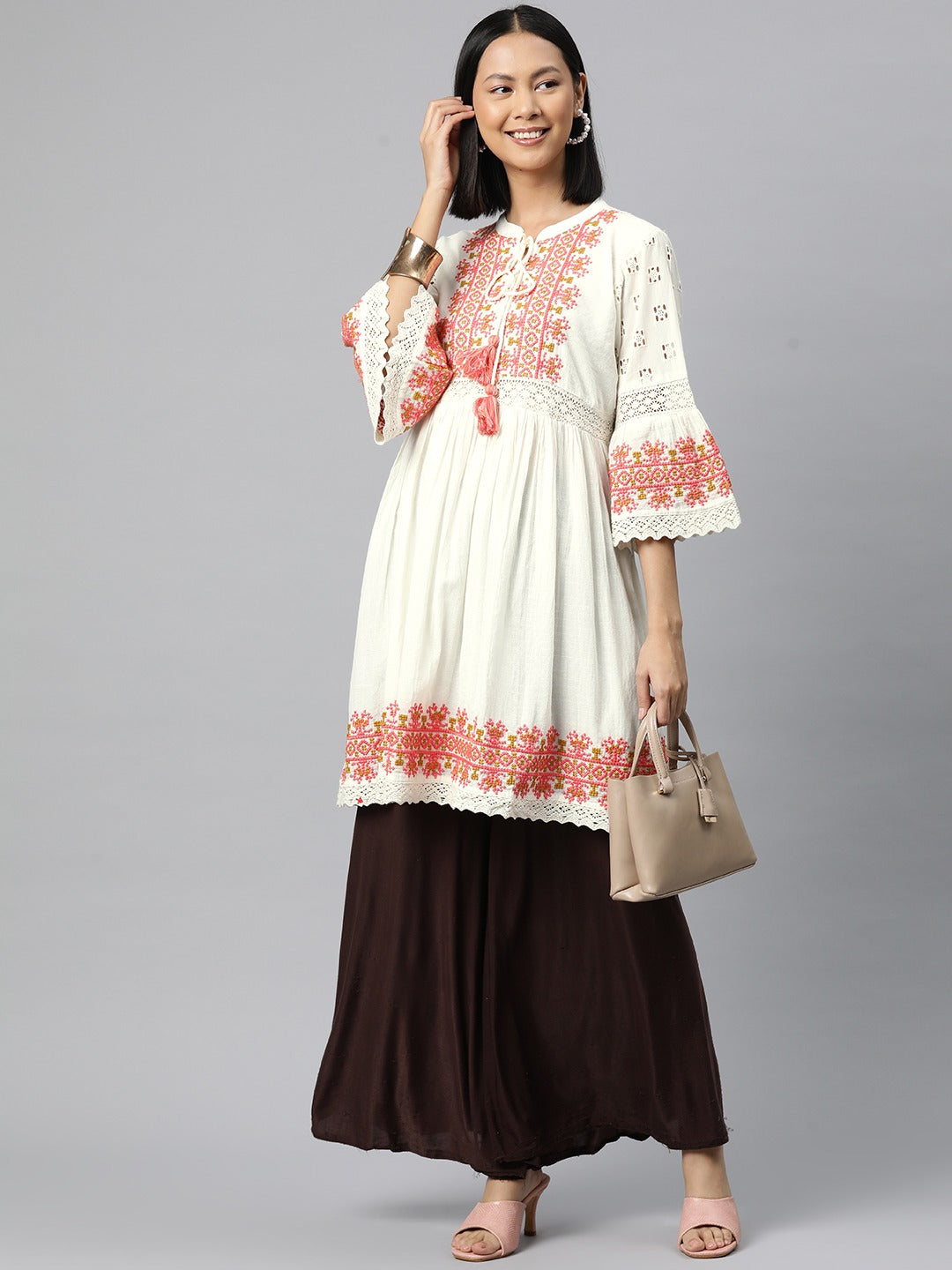 Frock Style Cotton Fabric White Color Kurti - Image 4