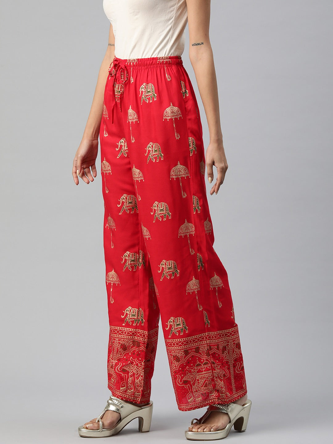Cotton Fabric Red Color Regular Fit Palazzos With Printed Work - Image 2