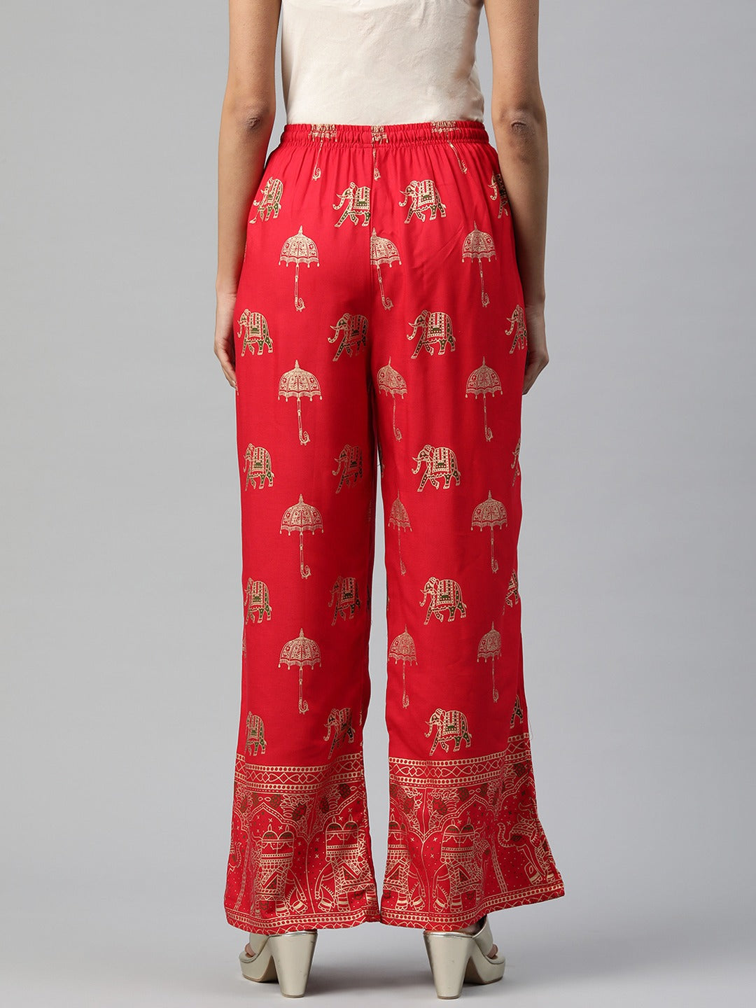 Cotton Fabric Red Color Regular Fit Palazzos With Printed Work - Image 3