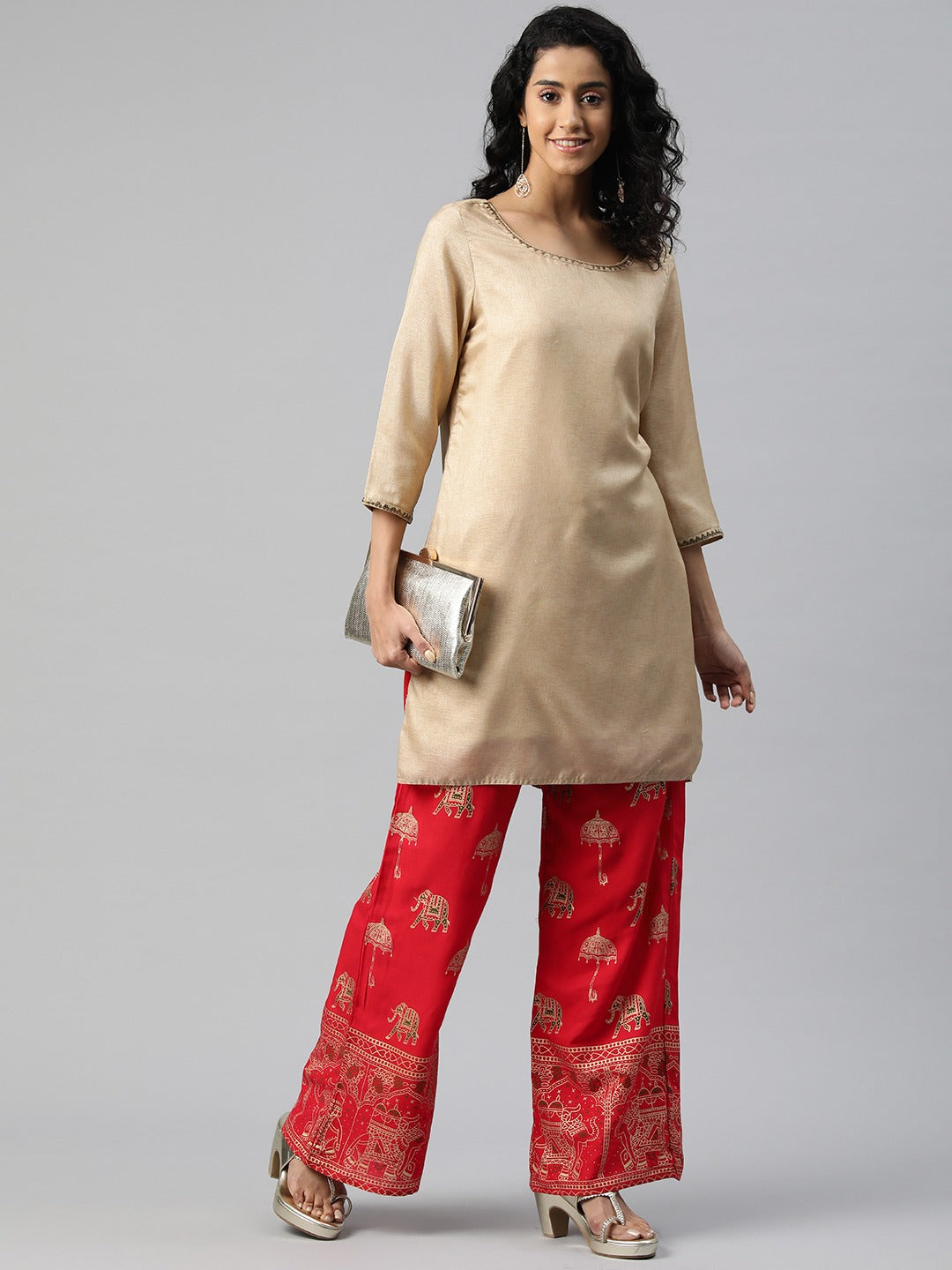 Cotton Fabric Red Color Regular Fit Palazzos With Printed Work - Image 4