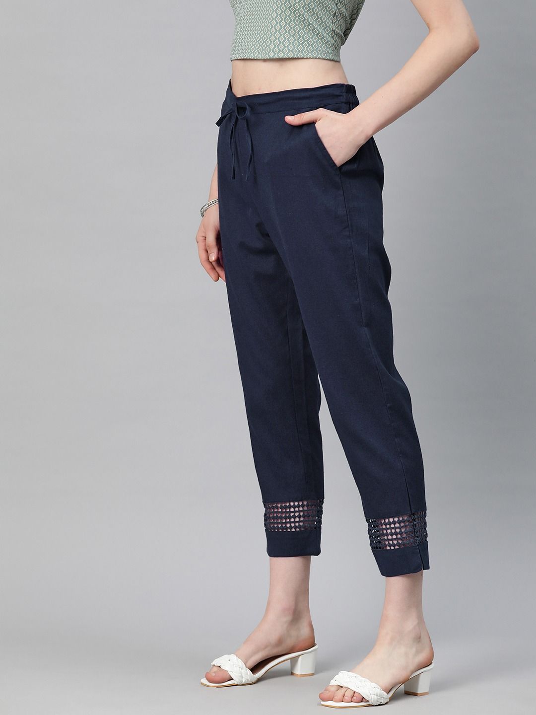 Straight Style Cotton Fabric Navy Blue Color Trouser - Image 3