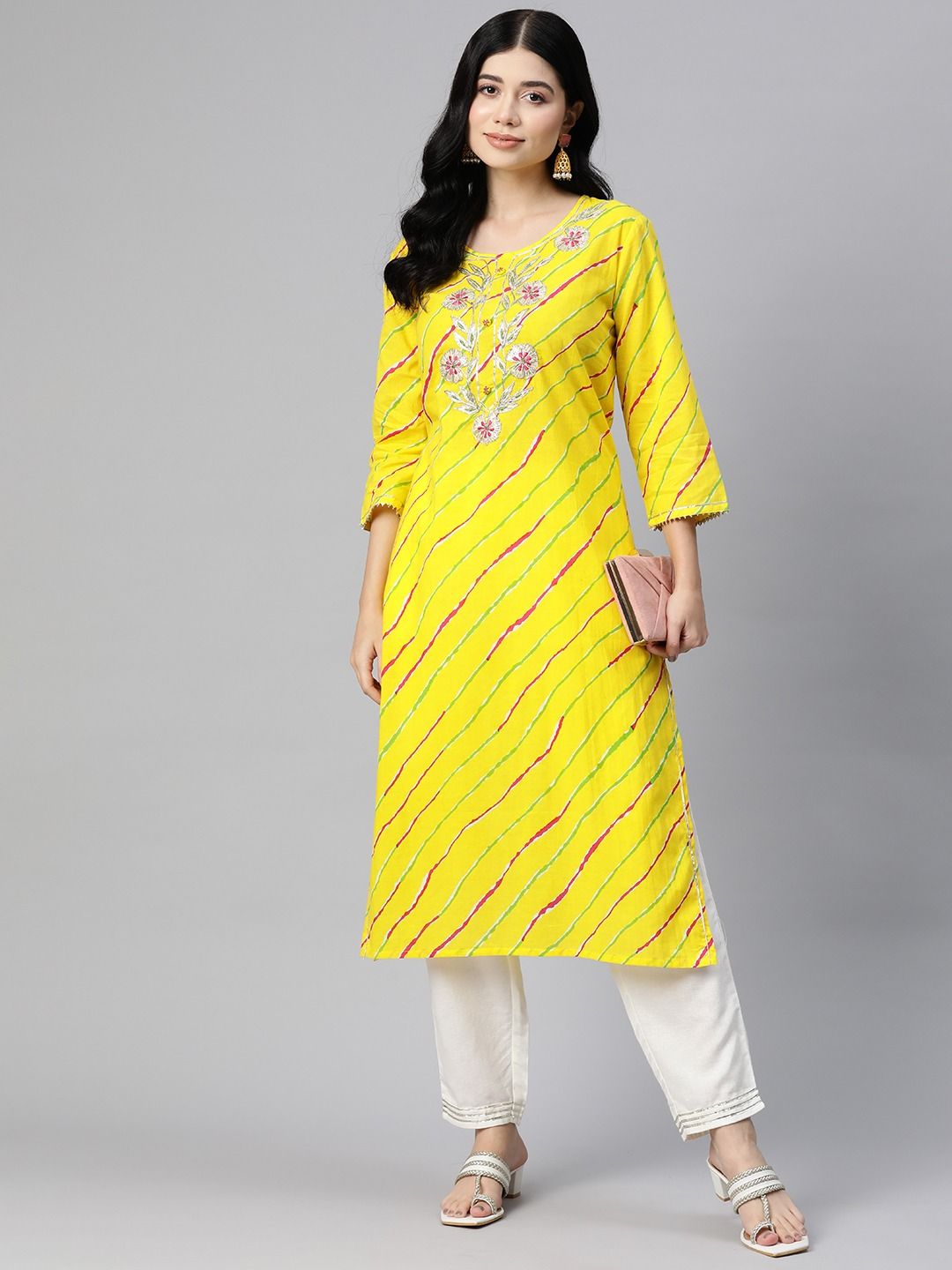 Straight Style Cotton Fabric Yellow Color Kurti - Image 3