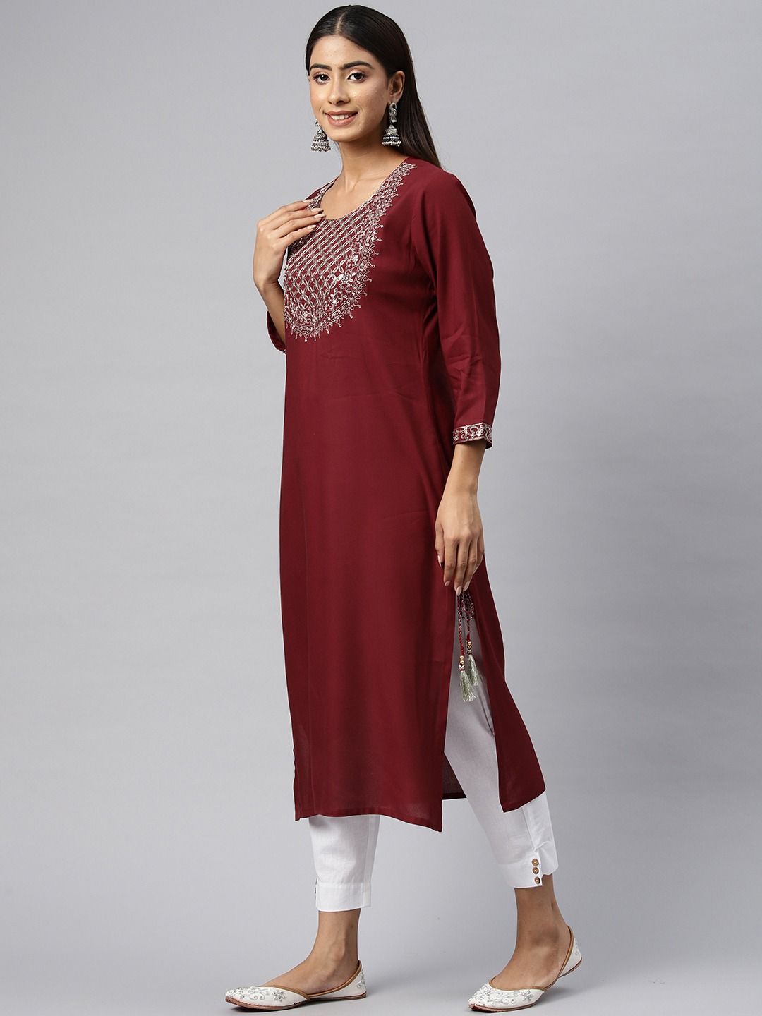 Straight Style Cotton Fabric Maroon Color Kurti - Image 4