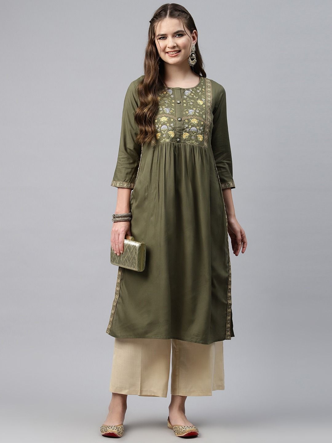 Naira Style Rayon Fabric Olive Green Color Kurti - Image 3