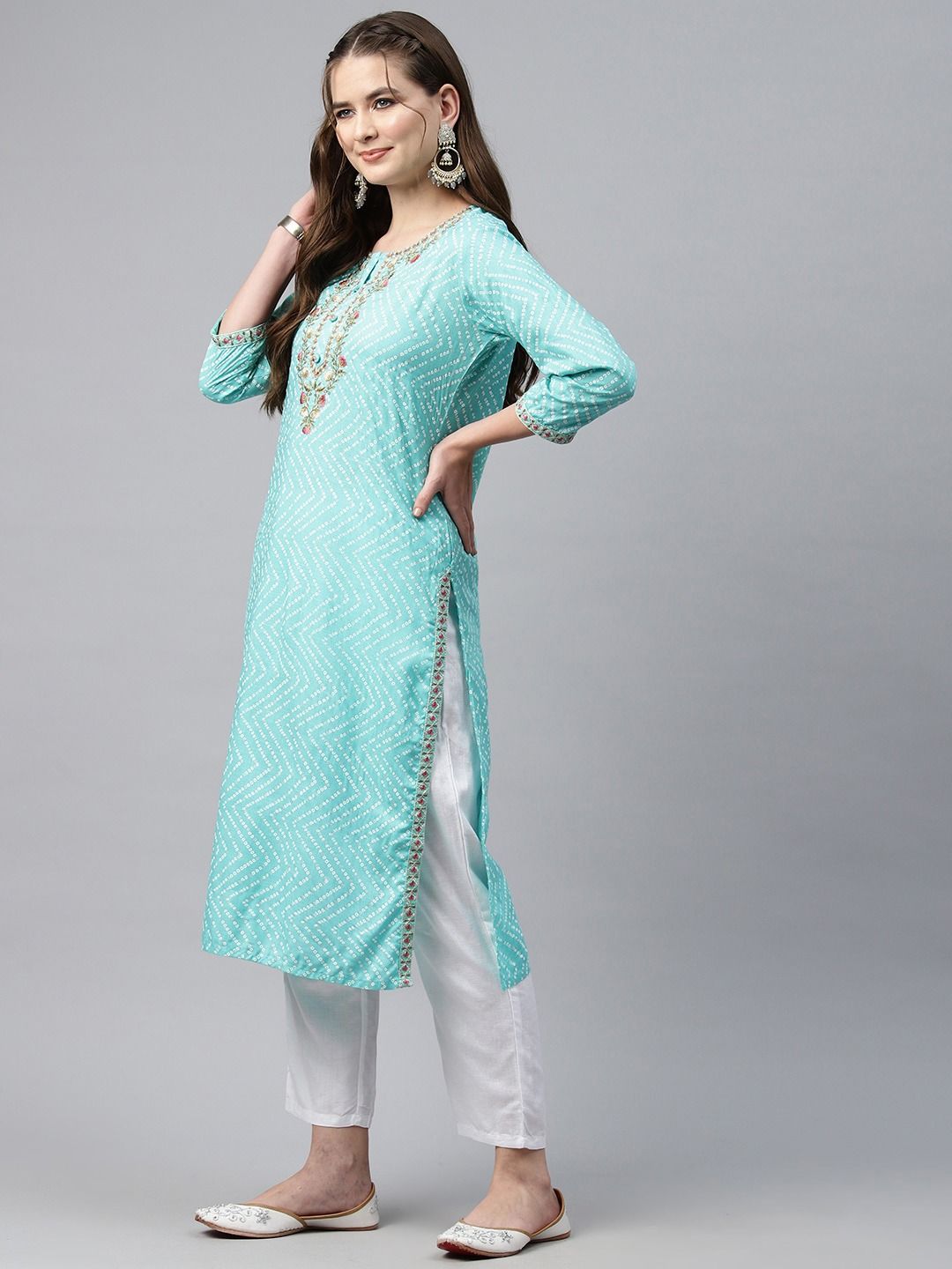 Straight Style Cotton Fabric Turquoise Blue Color Kurti - Image 4