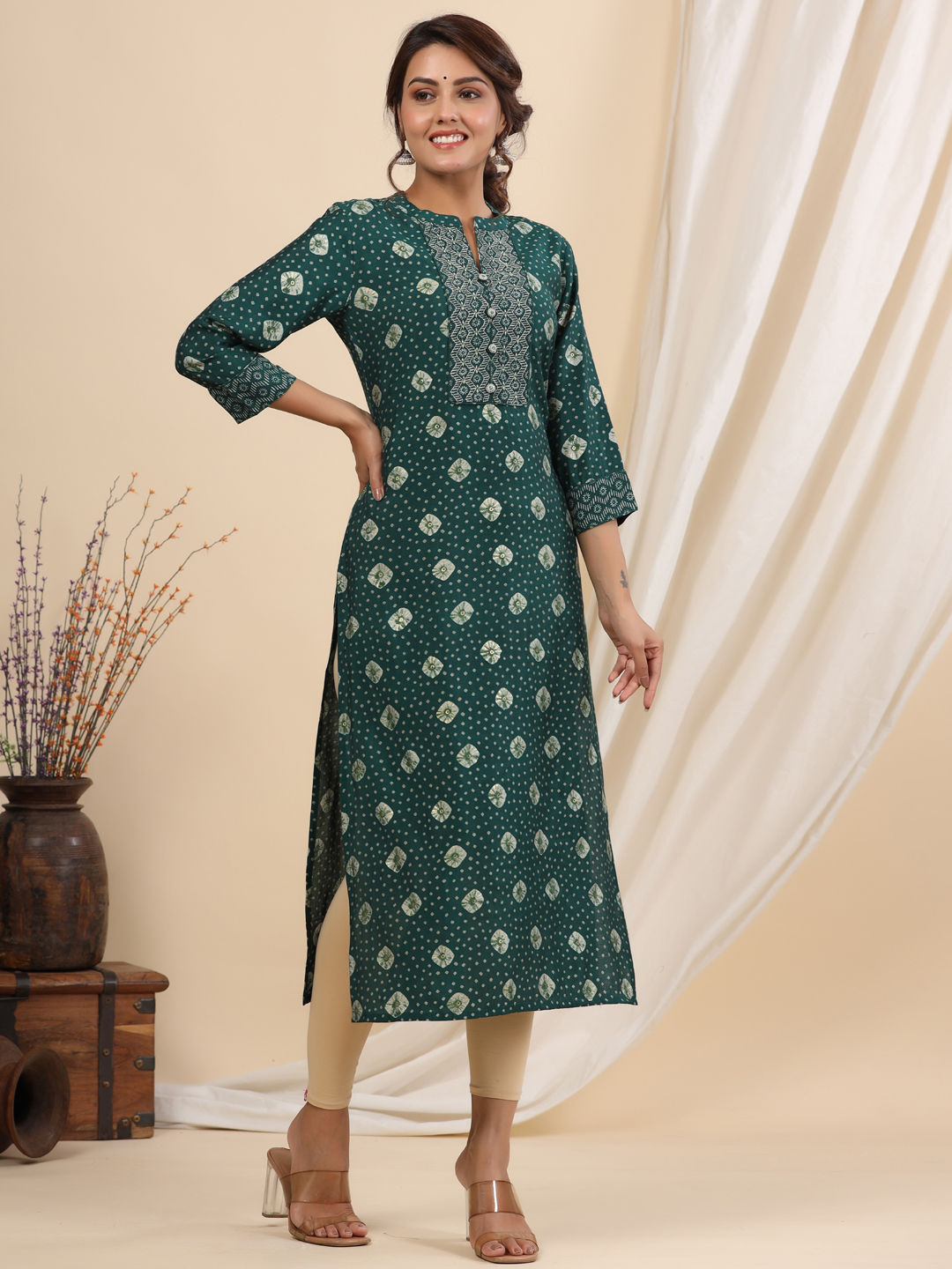 Straight Style Silk Fabric Green Color Kurti - Image 2