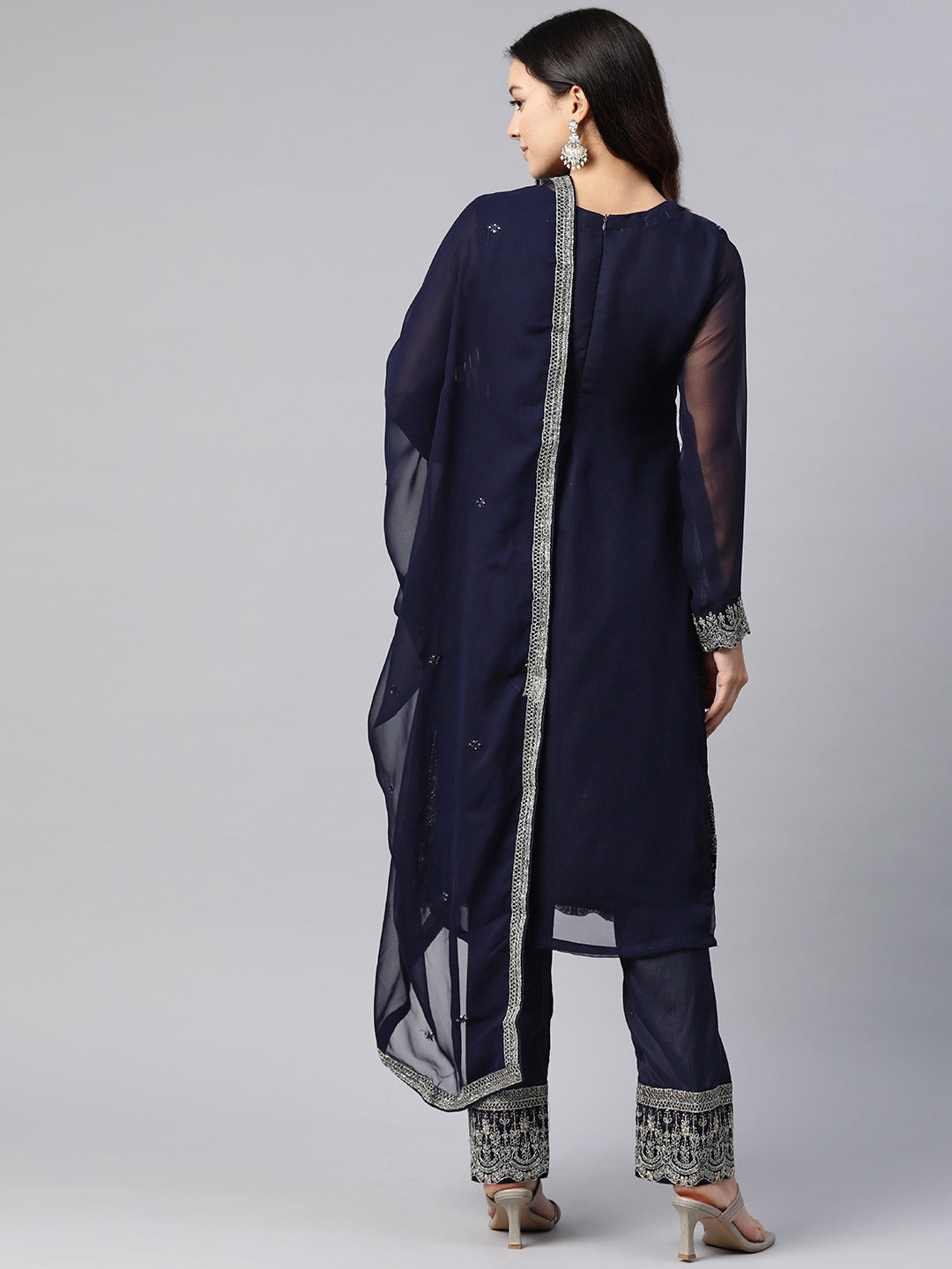 Pakistani Style Georgette Fabric Blue Color Kurti With Bottom And Dupatta - Image 2