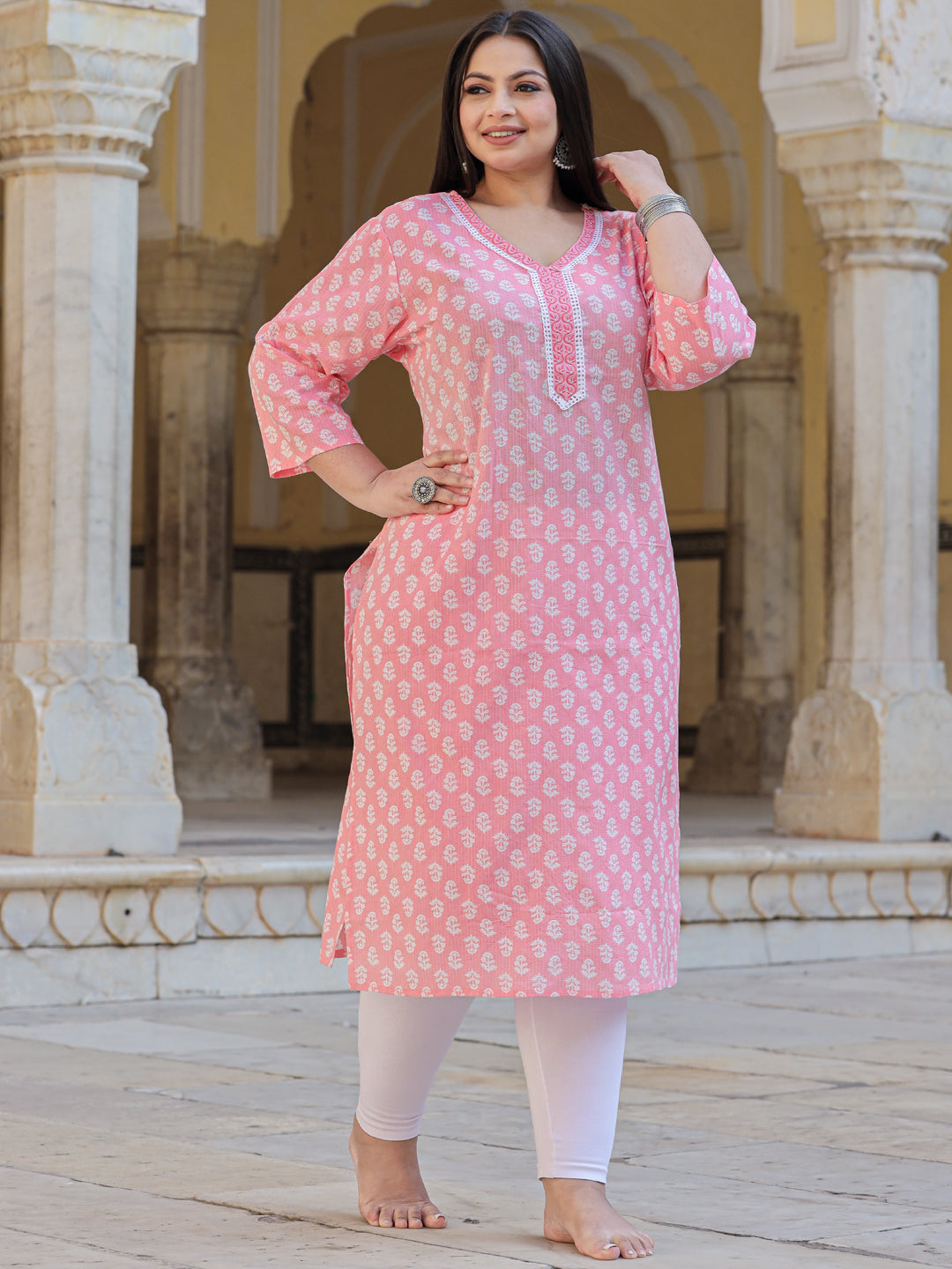 Straight Style Cotton Fabric Pink Color Kurta - Image 2